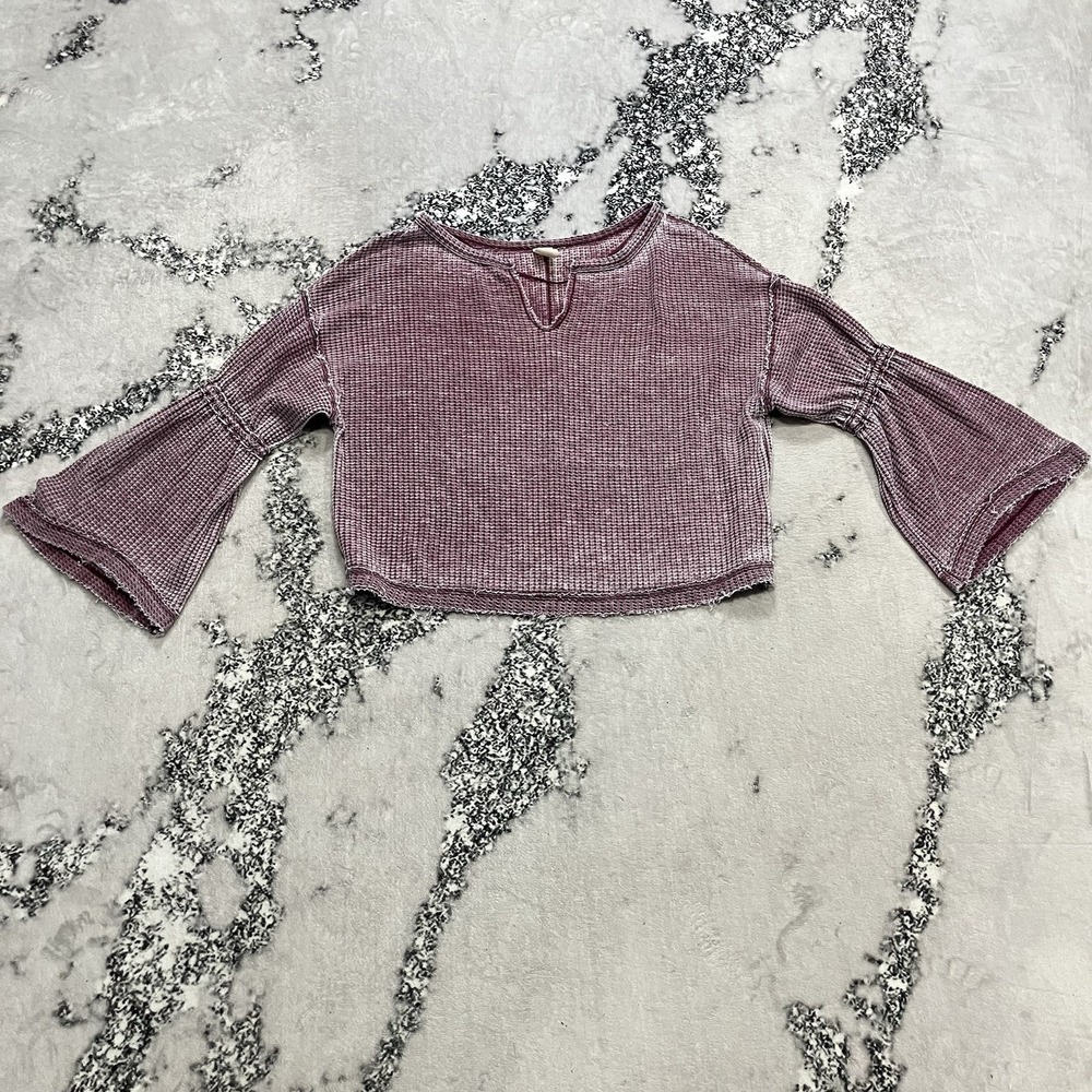 We The Free Cropped Waffle‎ Knit Top Bell Sleeve Purple Women Size S